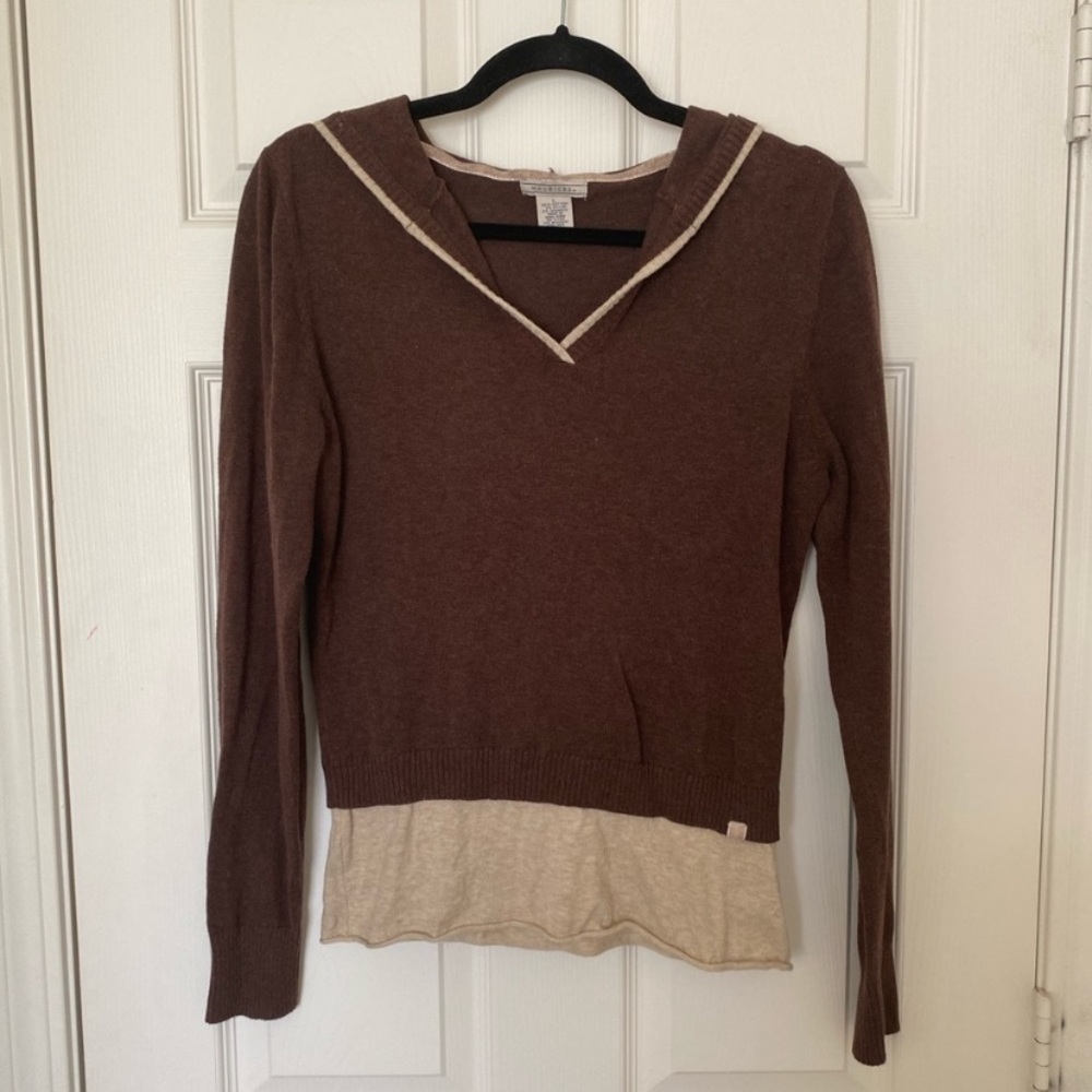 Maurices Brown V-Neck Sweater with Cream Trim
